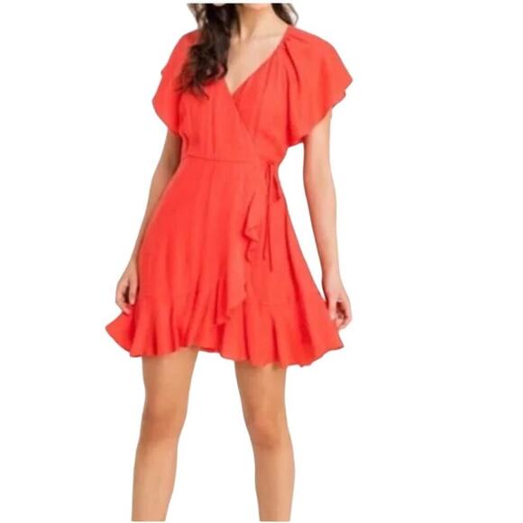 NEW NWT Lush Hot Coral Floaty Ruffled Wrap Dress Size Small - Picture 1 of 6
